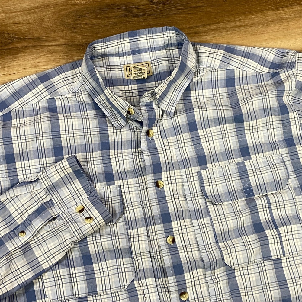 LL Bean Button Down Mens L Heritage 100% Cotton Plaid Blue White Outdoor Shirt